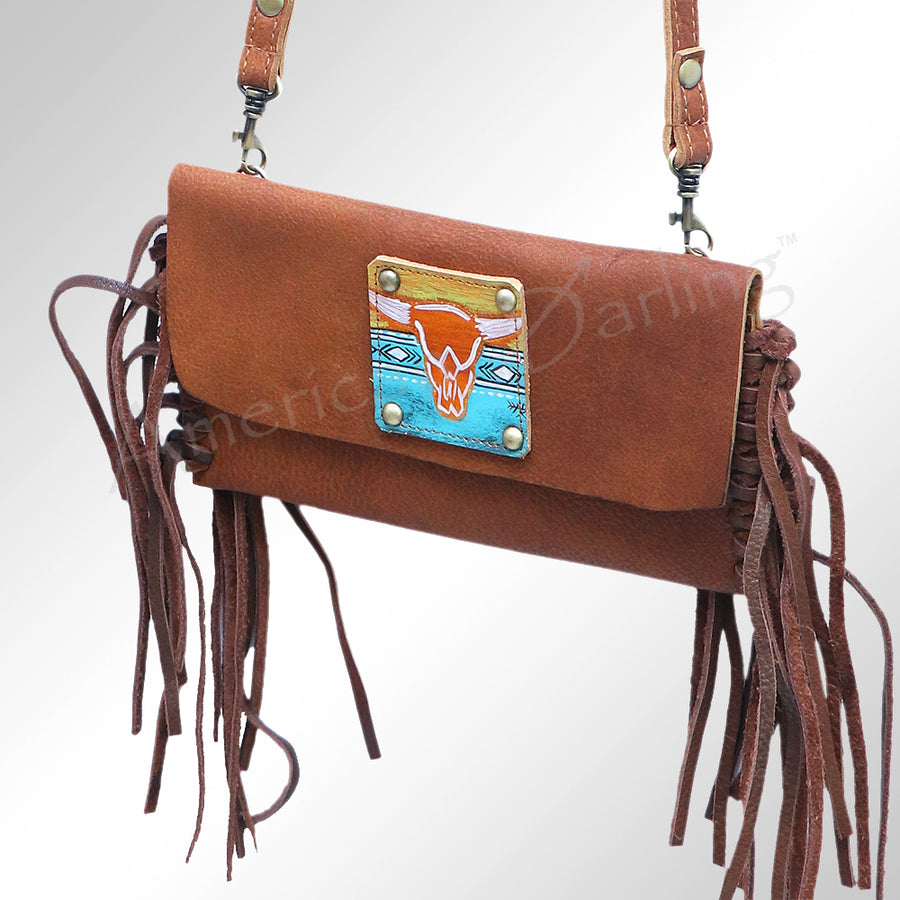 American Darling Small Cross body Bag, Hand Painted Western Leather with Fringes, Genuine Full Grain Leather, 21in X 11in X 5in
