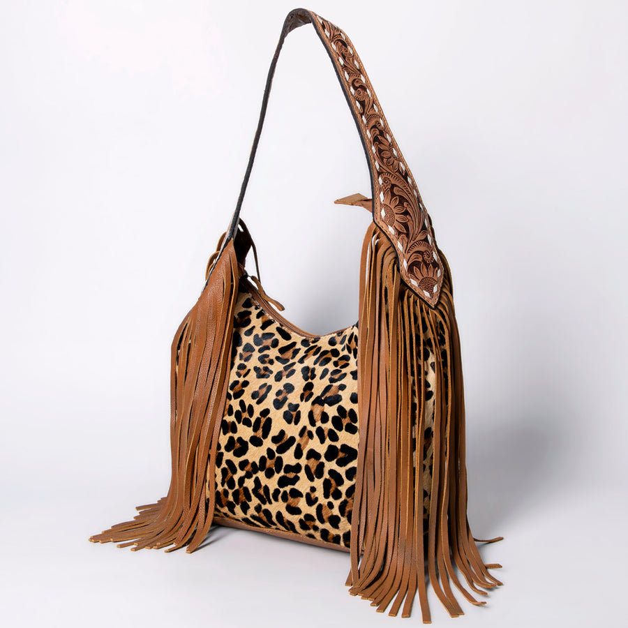 American Darling Hand Tooled Floral Hobo Bag with Hair-On Cowhide and Fringes - Uhorse
