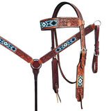 HILASON Western Horse Beaded Floral Headstall Breast Collar One Headstall Spur Strap Wither Strap American Leather Tack Set