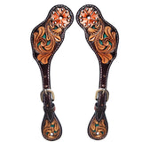 Hilason Western Spur Strap American Leather Floral Carving Dark Brown Hand Paint