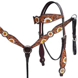 HILASON Western Horse Floral Headstall Breast Collar One Headstall Spur Strap Wither Strap American Leather Tack Set