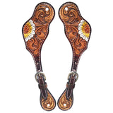 Hilason Western Spur Strap American Leather Floral Carving Dark Brown Hand Paint