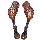 Hilason Western Spur Strap American Leather Floral Carving Dark Brown Hand Paint