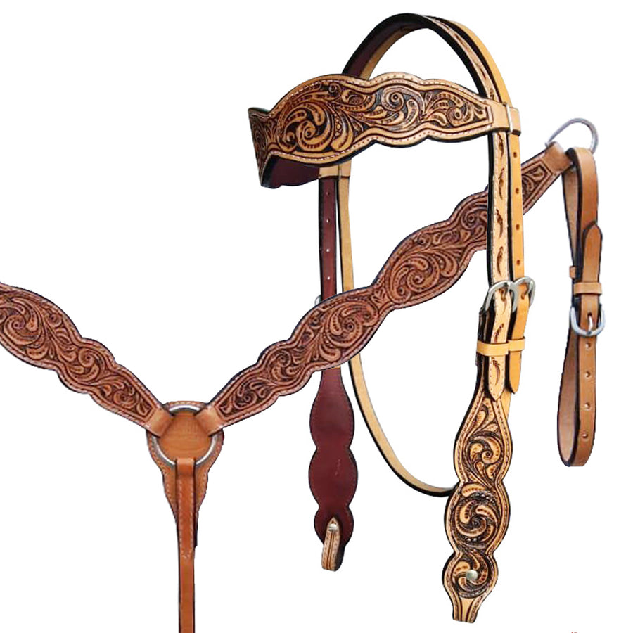 HILASON Western Horse Floral Headstall Breast Collar One Ear Headstall Wither Strap American Leather Tack Set