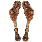 Hilason Western Spur Strap American Leather Floral Carving Dark Brown Hand Paint