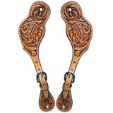 Hilason Western Spur Strap American Leather Floral Carving Dark Brown Hand Paint