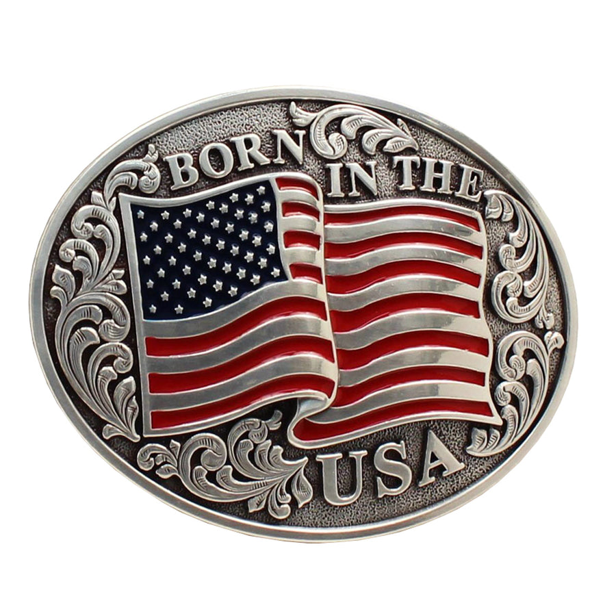 Scrolling 4 in X 3 Nocona Mens Belt Oval Buckle USA Flag Silver – by Hilason – Cowboy and equestrian accessories