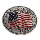 Scrolling 4 in X 3 in Nocona Mens Belt Oval Buckle USA Flag Silver