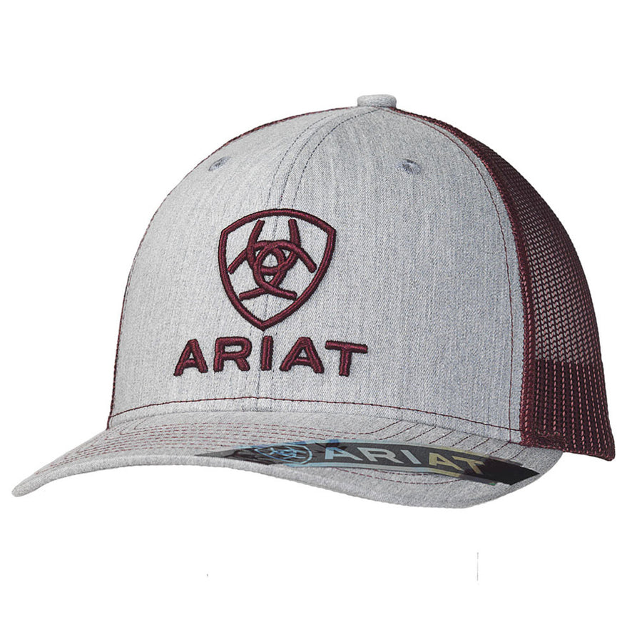 Ariat Mens Hat Baseball Cap Snap Mesh Embroidered Grey Burgundy – by Hilason – Cowboy and equestrian accessories