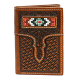 3 in X 4 1/4 in Nocona Mens Wallet Leather Trifold Weave Beads Inlay Tan
