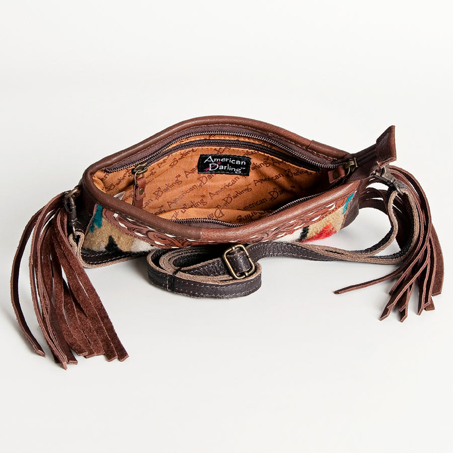 American Darling Women's Hand Tooled Floral Carved Leather Small Cross body Bag with Hand Woven Saddle Blanket and Fringes