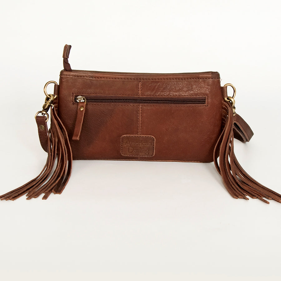 American Darling Women's Hand Tooled Floral Carved Leather Small Cross body Bag with Hand Woven Saddle Blanket and Fringes