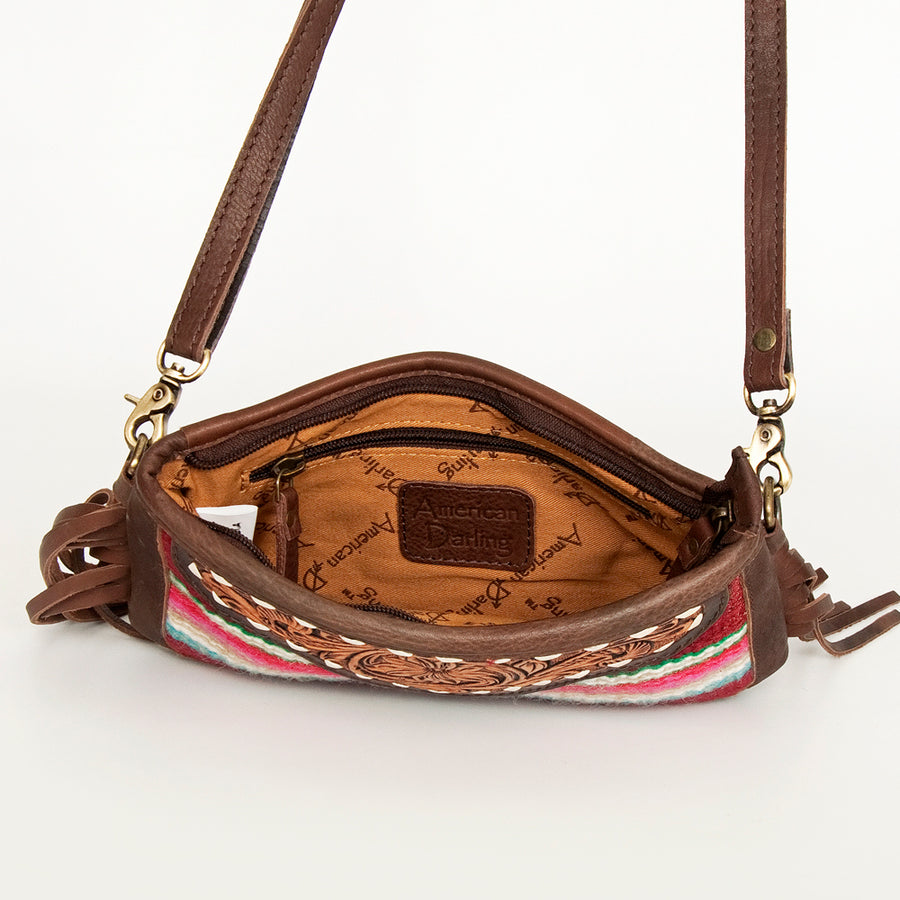 American Darling Women's Hand Tooled Floral Carved Leather Small Cross body Bag with Hand Woven Saddle Blanket and Fringes