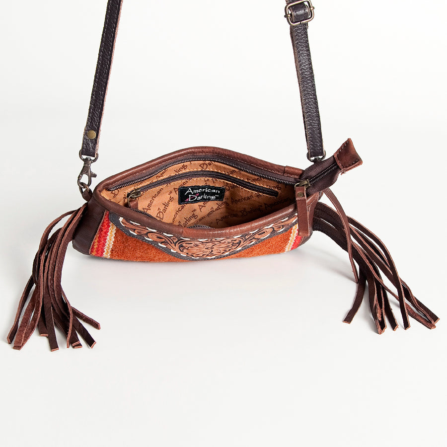 American Darling Women's Hand Tooled Floral Carved Leather Small Cross body Bag with Hand Woven Saddle Blanket and Fringes