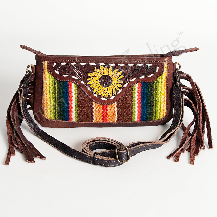 American Darling Women's Hand Tooled Floral Carved Leather Small Cross body Bag with Hand Woven Saddle Blanket and Fringes