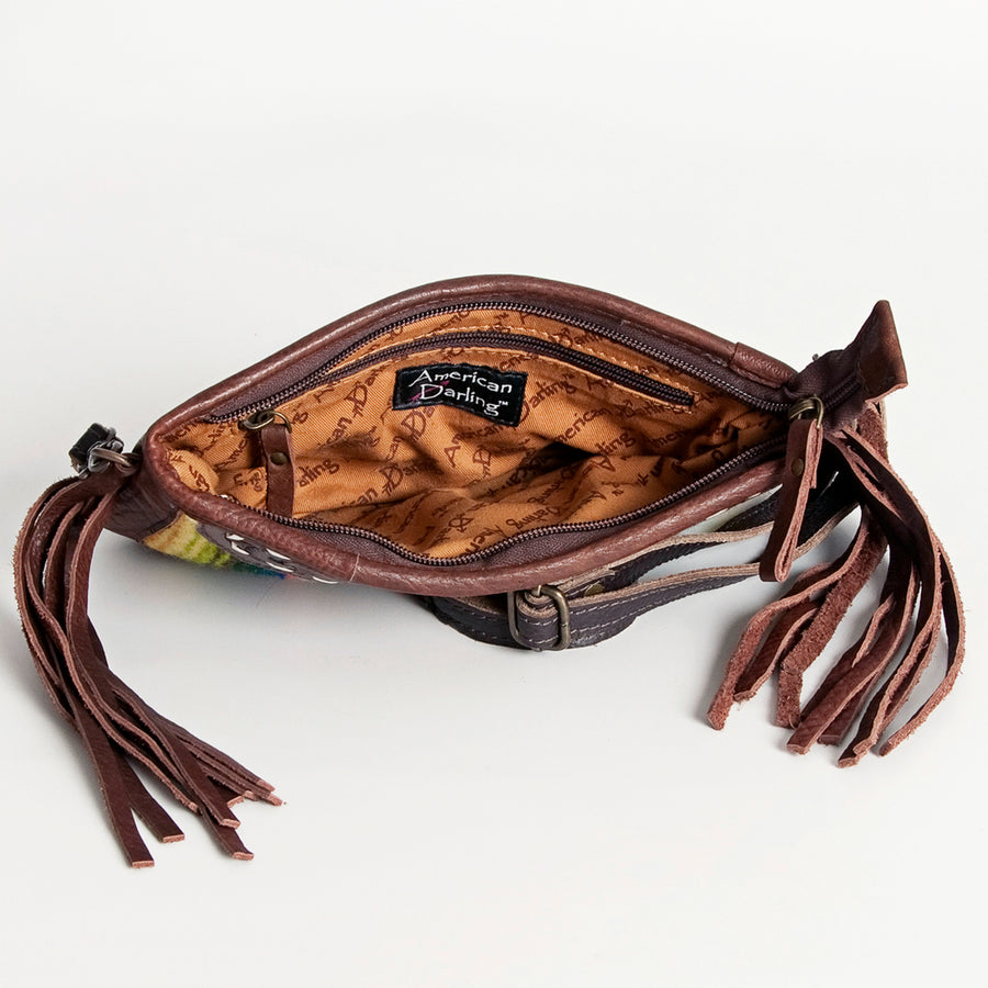 American Darling Women's Hand Tooled Floral Carved Leather Small Cross body Bag with Hand Woven Saddle Blanket and Fringes