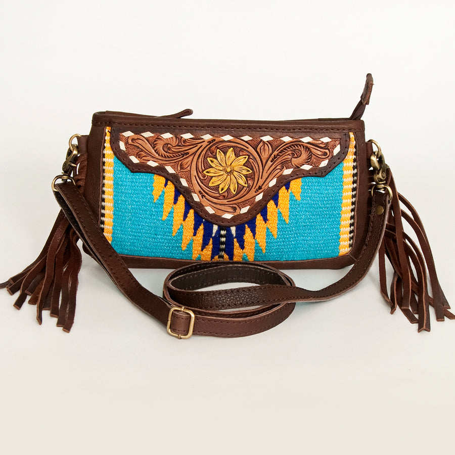 American Darling Women's Hand Tooled Floral Carved Leather Small Cross body Bag with Hand Woven Saddle Blanket and Fringes