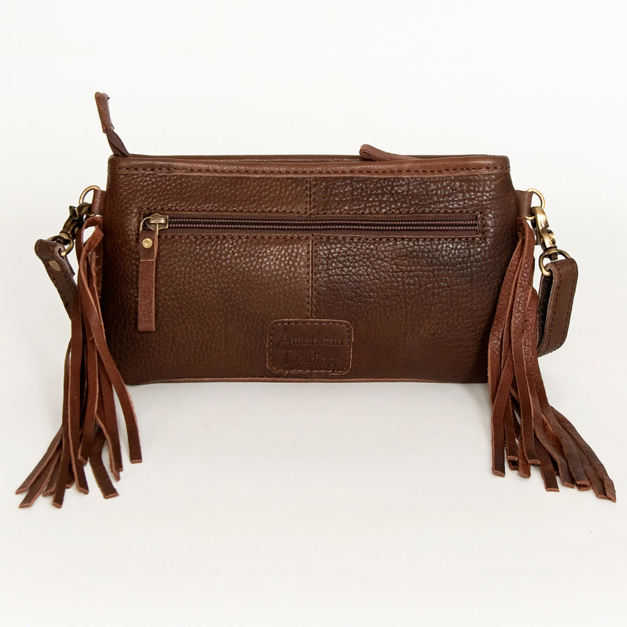 American Darling Women's Hand Tooled Floral Carved Leather Small Cross body Bag with Hand Woven Saddle Blanket and Fringes