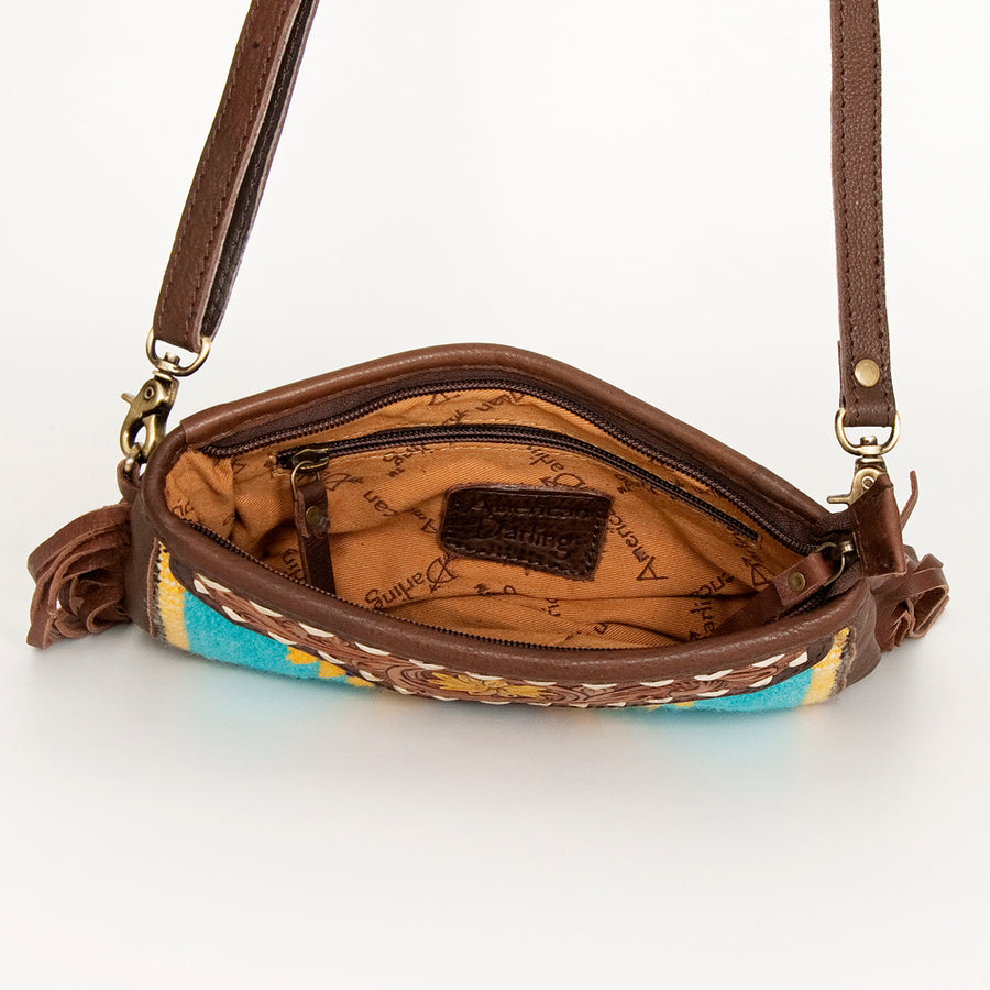 American Darling Women's Hand Tooled Floral Carved Leather Small Cross body Bag with Hand Woven Saddle Blanket and Fringes