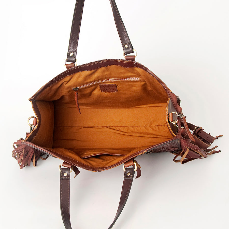 American Darling Tote Bag, Hand-Tooled Floral Western Leather Purse with Side Fringes, 11in (H) X 16in (W) X 5.5in (D)