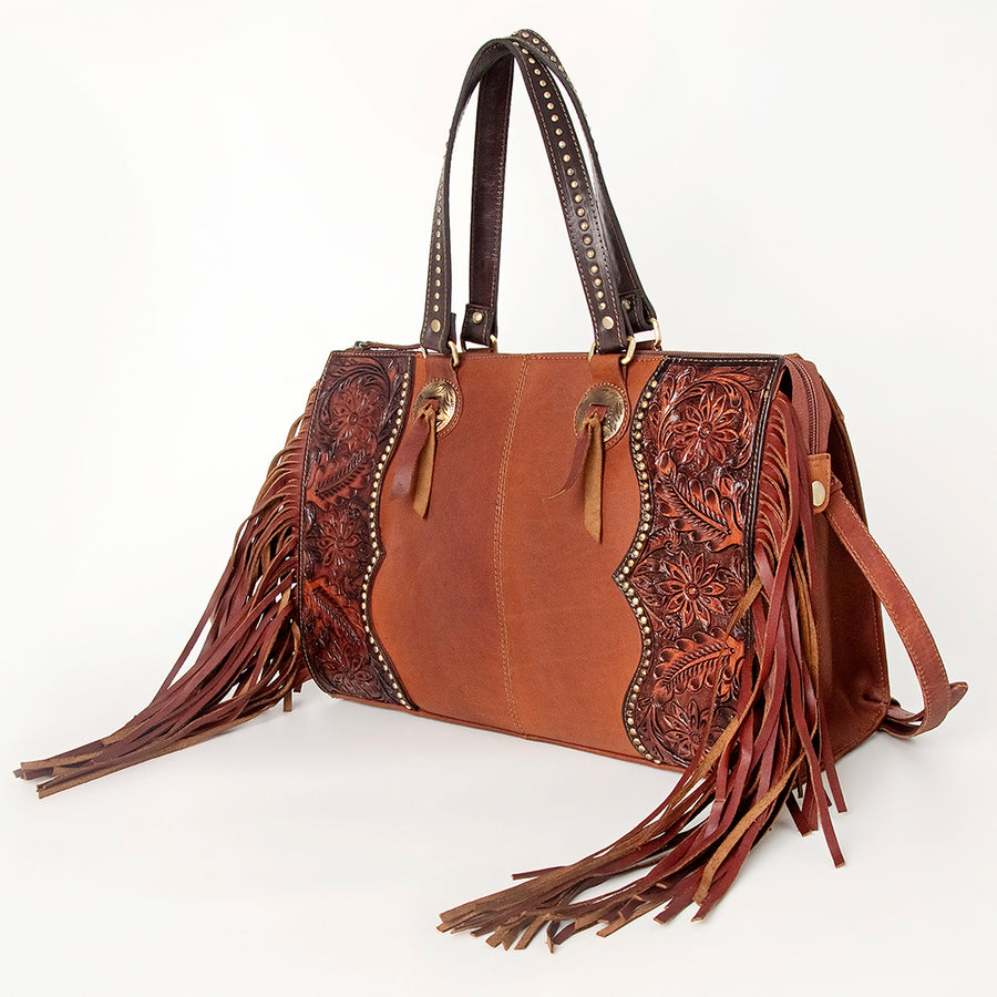 American Darling Western Hand-Tooled Floral Tote Bag with Side Fringes - Uhorse
