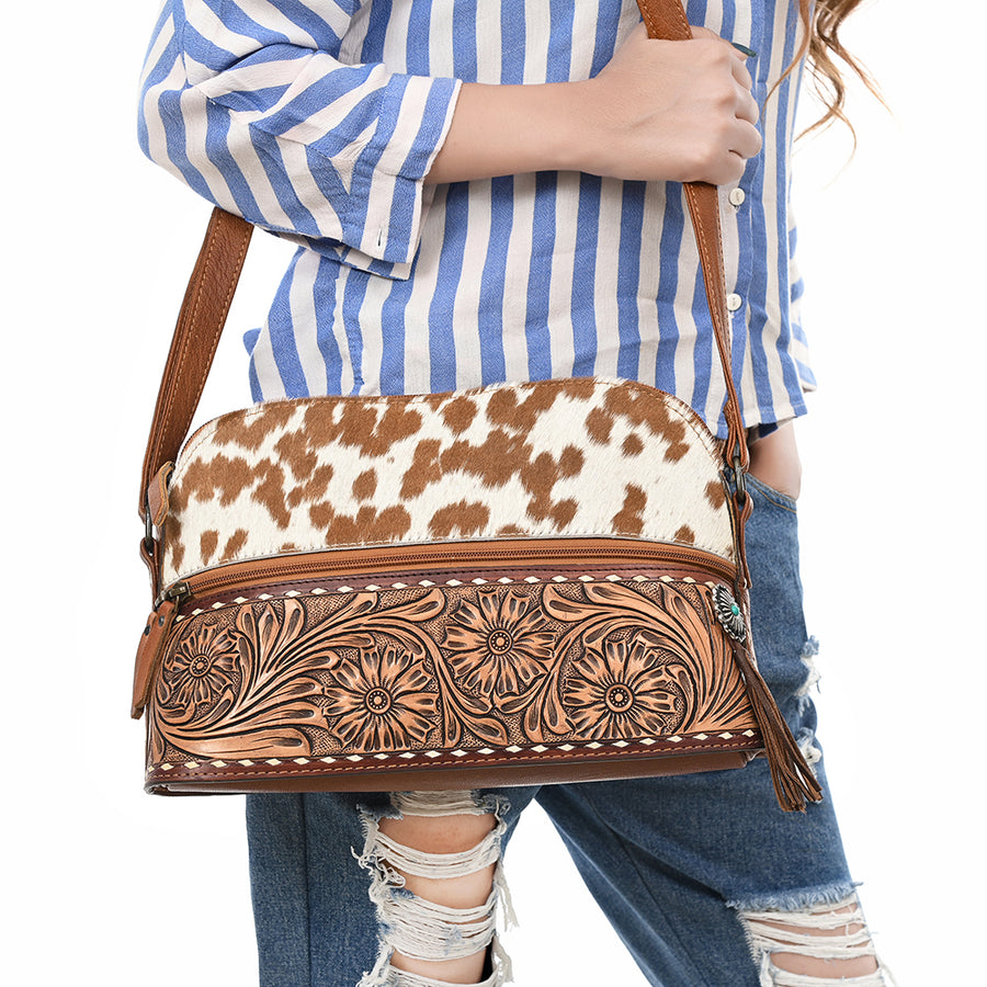American Darling Cross body Bag, Hand-Tooled Floral Western Leather Purse, Hair-On Cowhide, 9in (H) X 13in (W) X 5.5in (D)