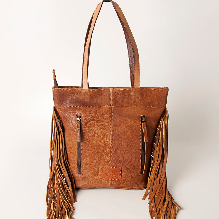 American Darling Women's Hand Tooled Floral Carved Leather Tote Bag with Hair-On Cowhide, Fringes, and Buck Stitching