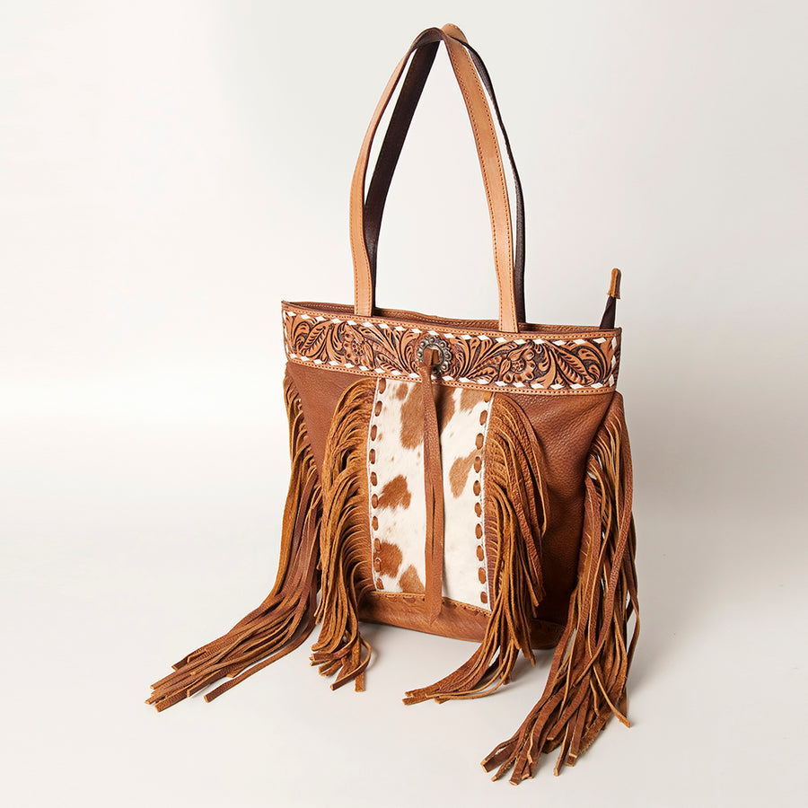 American Darling Hand Tooled Leather Hair-On Cowhide Tote Bag - Uhorse