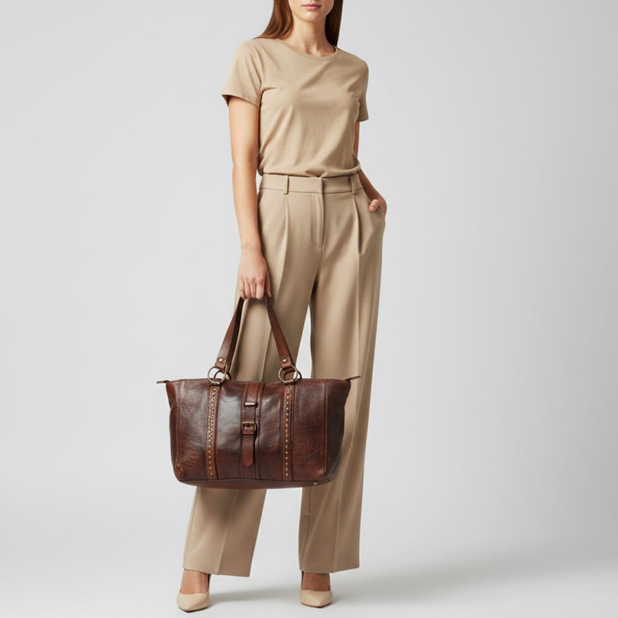Spaghetti Western Swc186Brn Tote Vintage Handmade Drum Dyed Genuine European Cowhide Leather Women Bag Western Handbag Purse