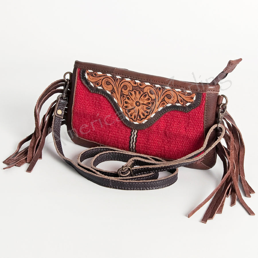 American Darling Fringed Hand Tooled Leather Saddle Blanket Messenger Bag - Uhorse
