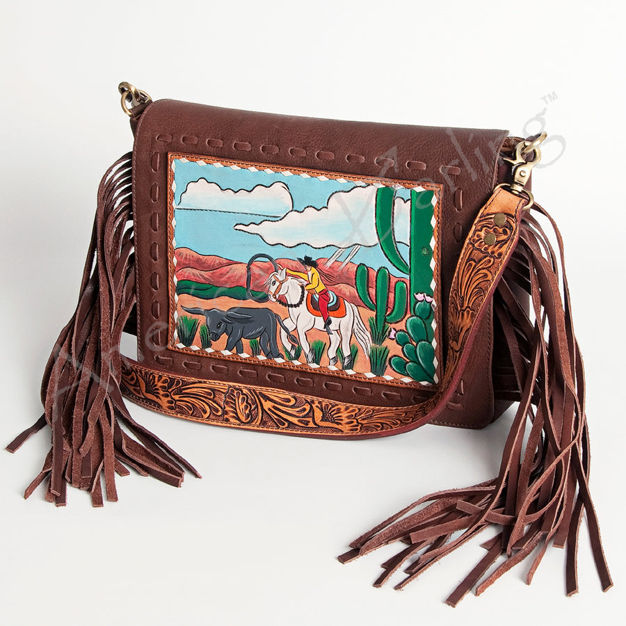 American Darling Hand Tooled Fringed Genuine Leather Western Small Cross body Bag - Uhorse