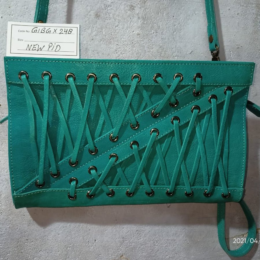 Turquoise leather clutch with laced detail and silver hardware - Uhorse
