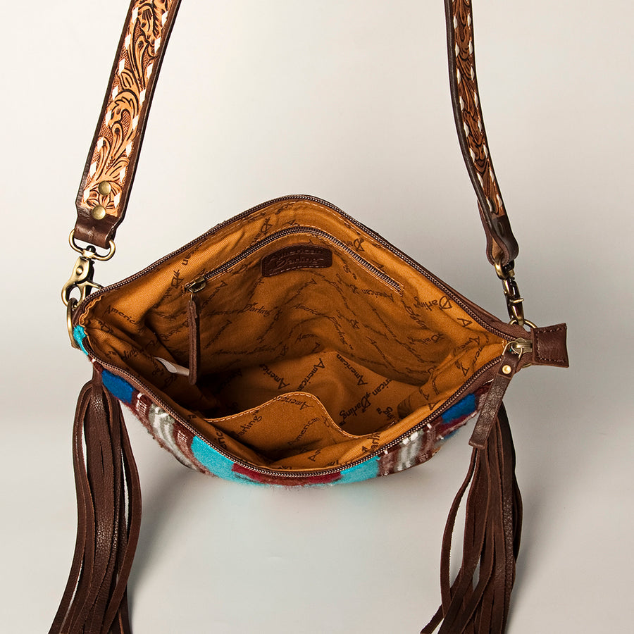 American Darling Fringed Saddle Blanket Large Cross body Bag Eco-Friendly Genuine Leather Floral Tooled YKK Zipper