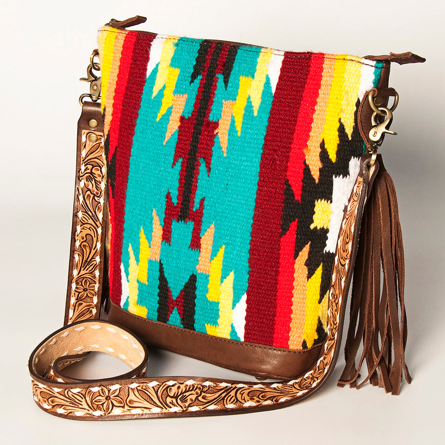 American Darling Fringed Saddle Blanket Hand Tooled Large Cross body Bag - Uhorse