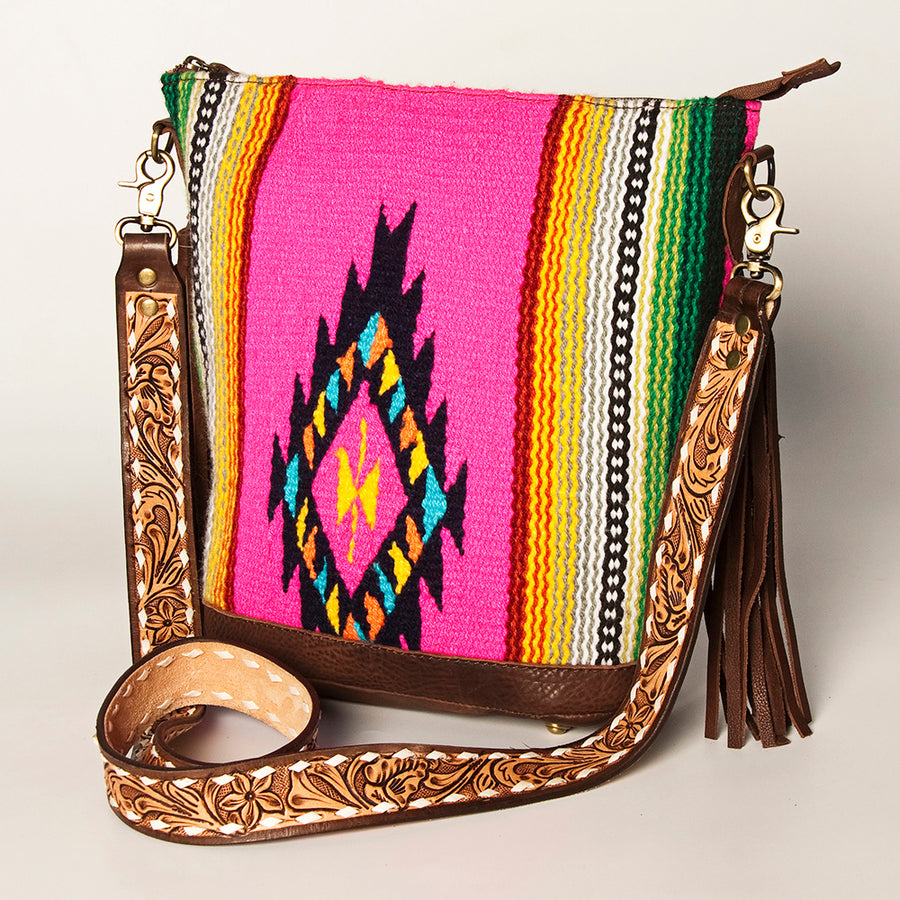 American Darling Fringed Saddle Blanket Large Cross body Bag Eco-Friendly Genuine Leather Floral Tooled YKK Zipper