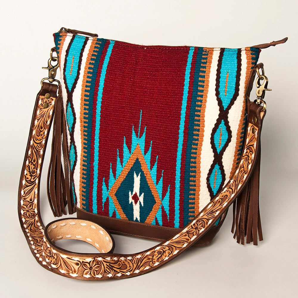 Genuine Wool Saddle Blanket Southwestern Aztec Purse Hand Tooled Leather  Fringe. | eBay