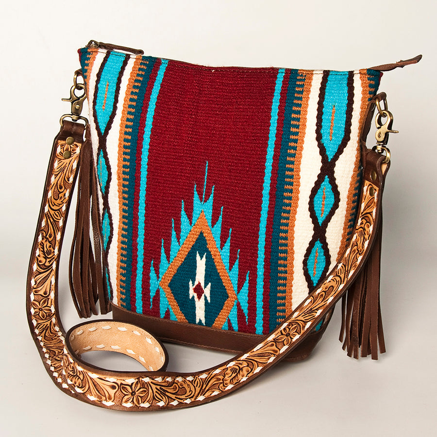 American Darling Fringed Saddle Blanket Hand Tooled Large Cross body Bag - Uhorse