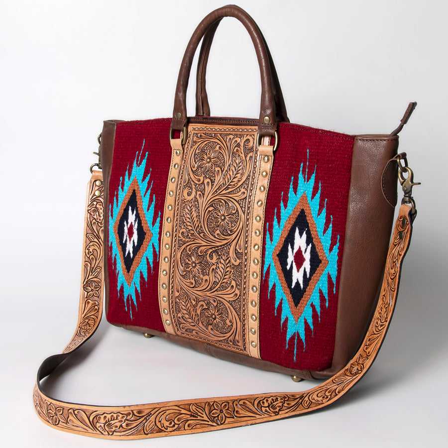 American Darling Hand Tooled Saddle Blanket Genuine Leather Tote Bag - Uhorse