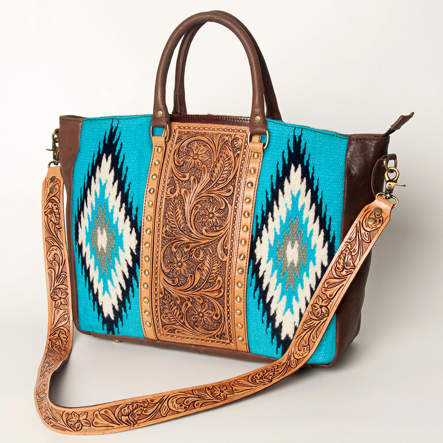 American Darling Hand Tooled Saddle Blanket Genuine Leather Tote Bag - Uhorse