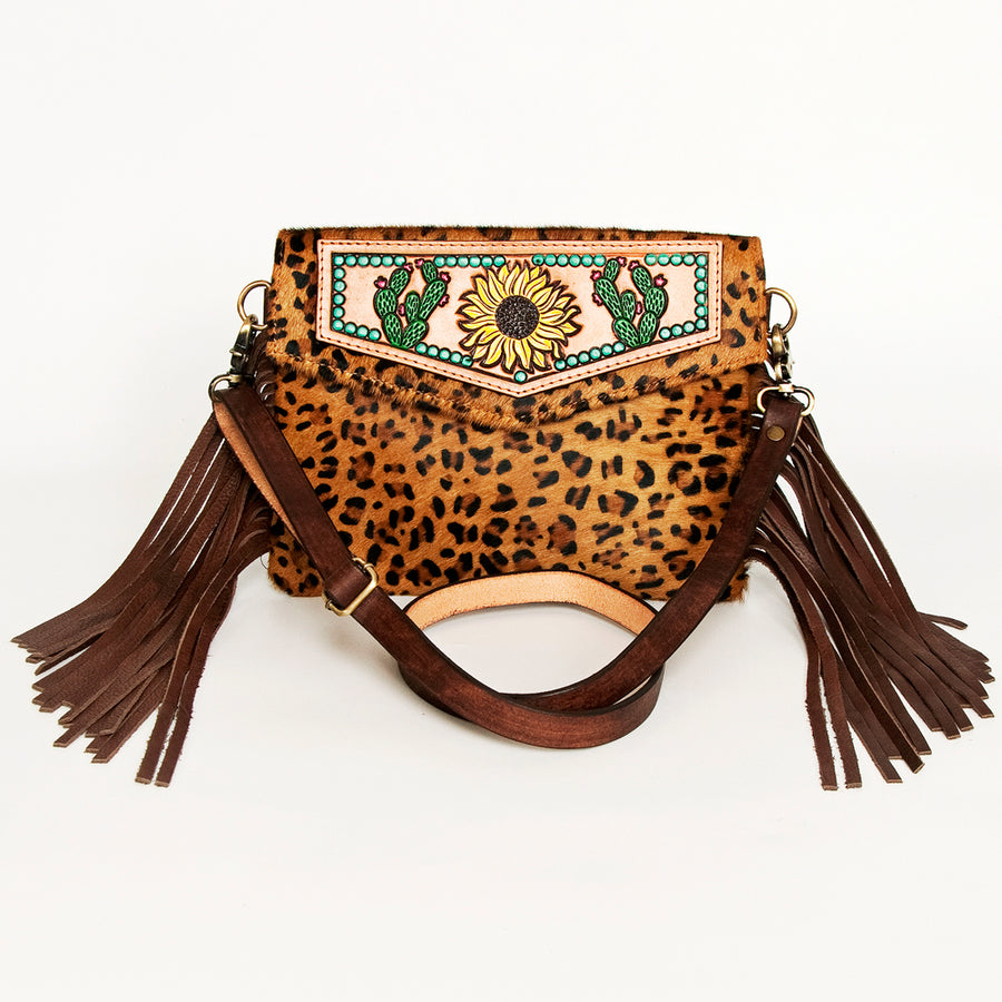 American Darling Women's Hand Tooled Floral Carved Leather Envelope with Hair-On Cowhide and Fringes