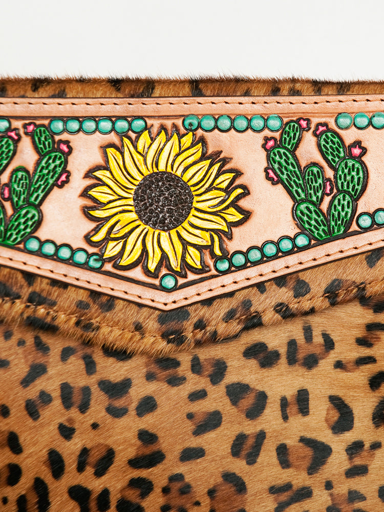 American Darling Women's Hand Tooled Floral Carved Leather Envelope with Hair-On Cowhide and Fringes