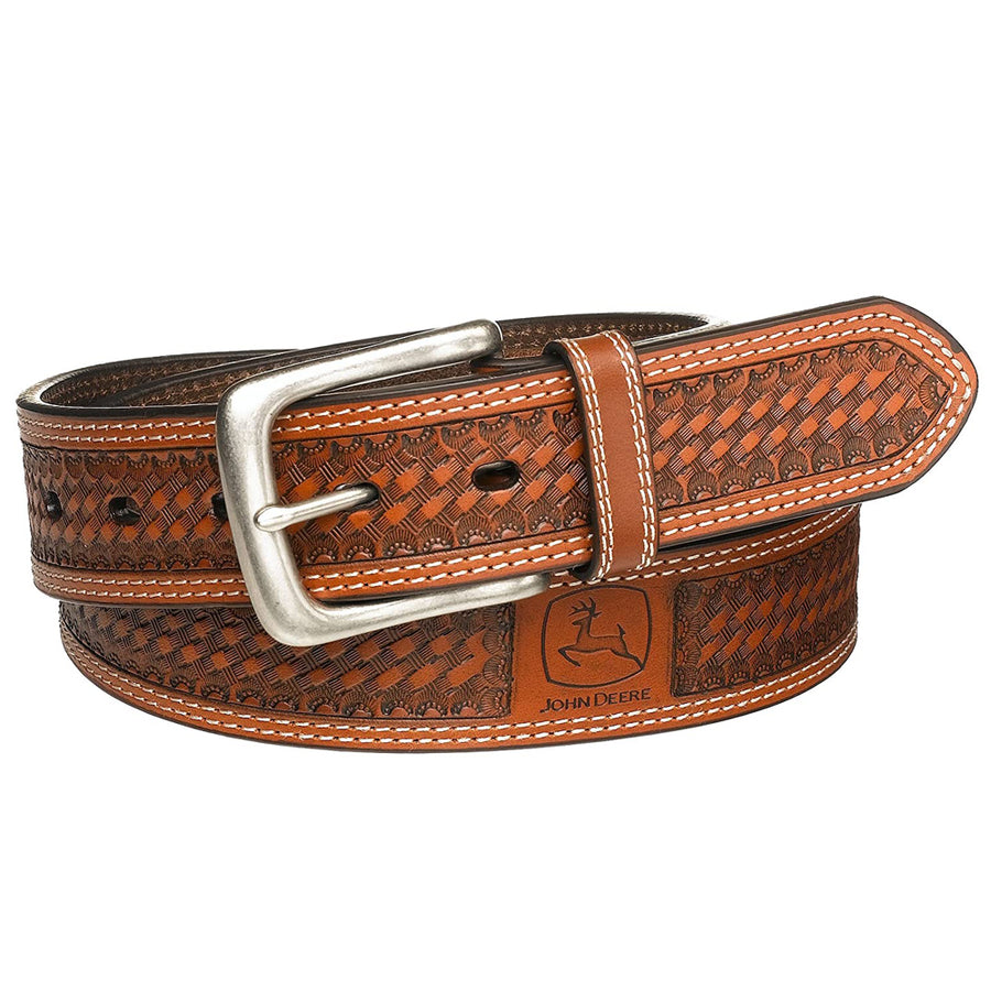 John Deere Tan Basket Weave Genuine Leather Belt for Men Durable Nickel Buckle - Hilason