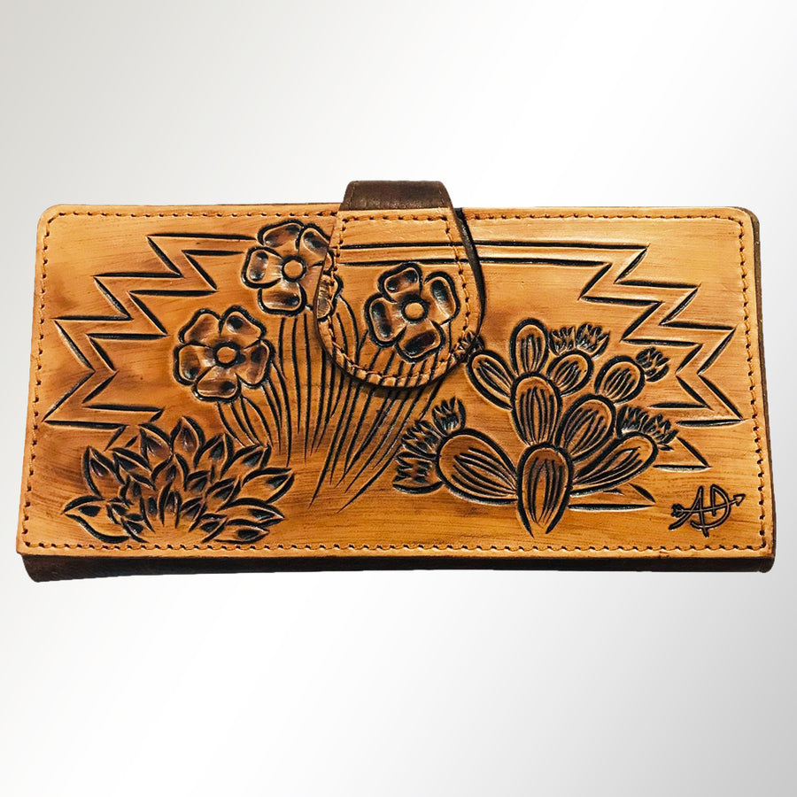 American Darling Wristlet Bag Hand Tooled Floral Carved Vegetable Tanned Western Leather Wallet Purse 4in x 8in