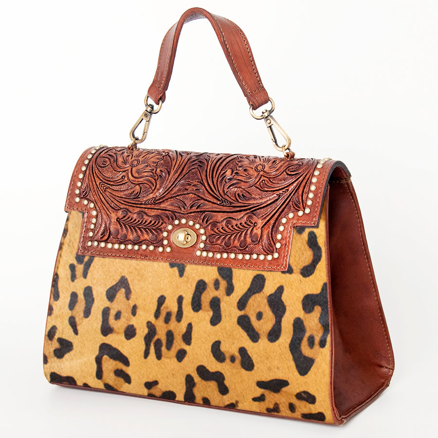 American Darling Leopard Print Leather Western Handbag with Top Handle - Uhorse