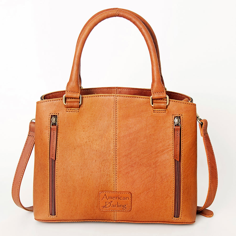 American Darling Tote Bag, Hand-Tooled Floral Western Leather Purse, Hair-On Cowhide Pattern, 9.25in (H) X 15.5in (W) X 5in (D)