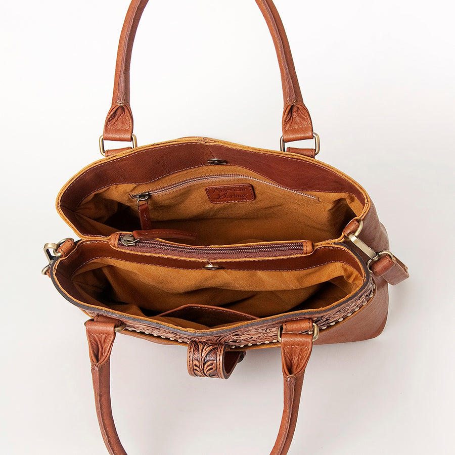American Darling Tote Bag, Hand-Tooled Floral Western Leather Purse, Hair-On Cowhide Pattern, 9.25in (H) X 15.5in (W) X 5in (D)