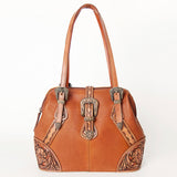 American Darling Tote Bag, Hand-Tooled Floral Western Leather Purse, Hair-On Cowhide Pattern, 10in (H) X 15in (W) X 5.5in (D)