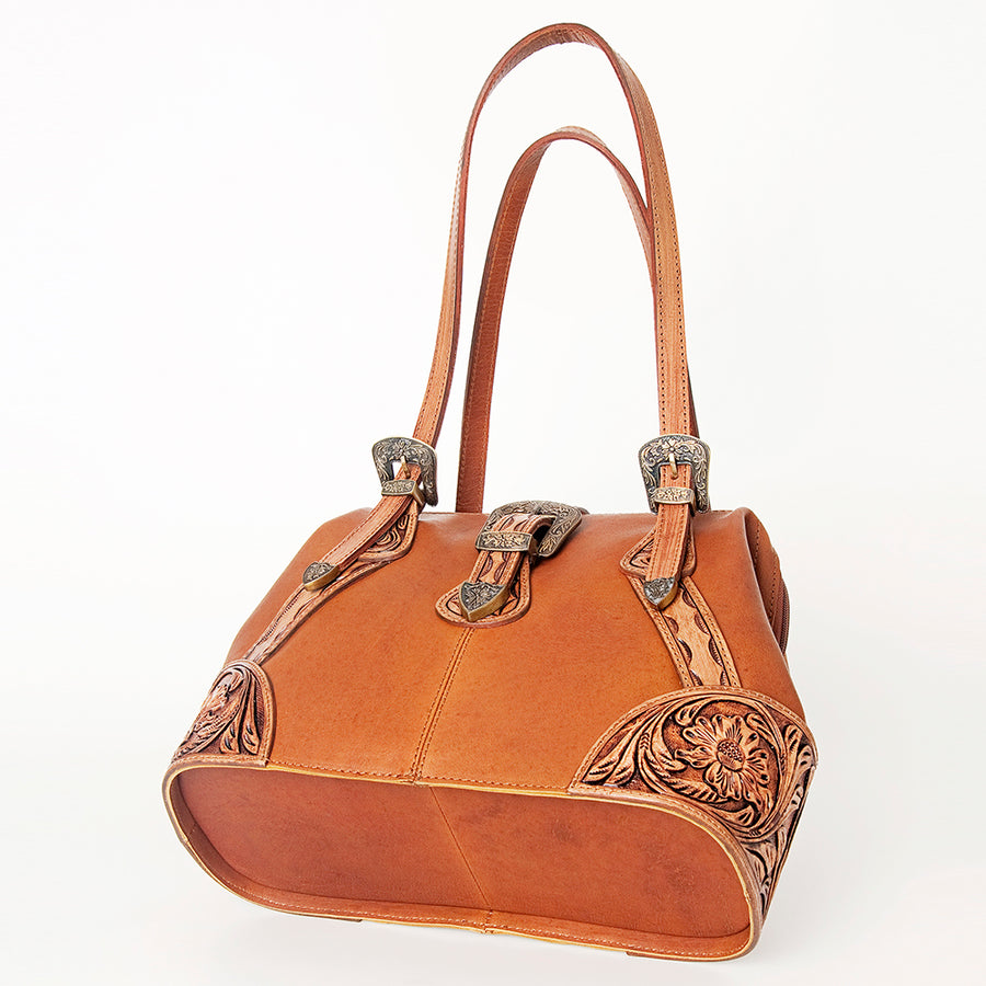 American Darling Tote Bag, Hand-Tooled Floral Western Leather Purse, Hair-On Cowhide Pattern, 10in (H) X 15in (W) X 5.5in (D)