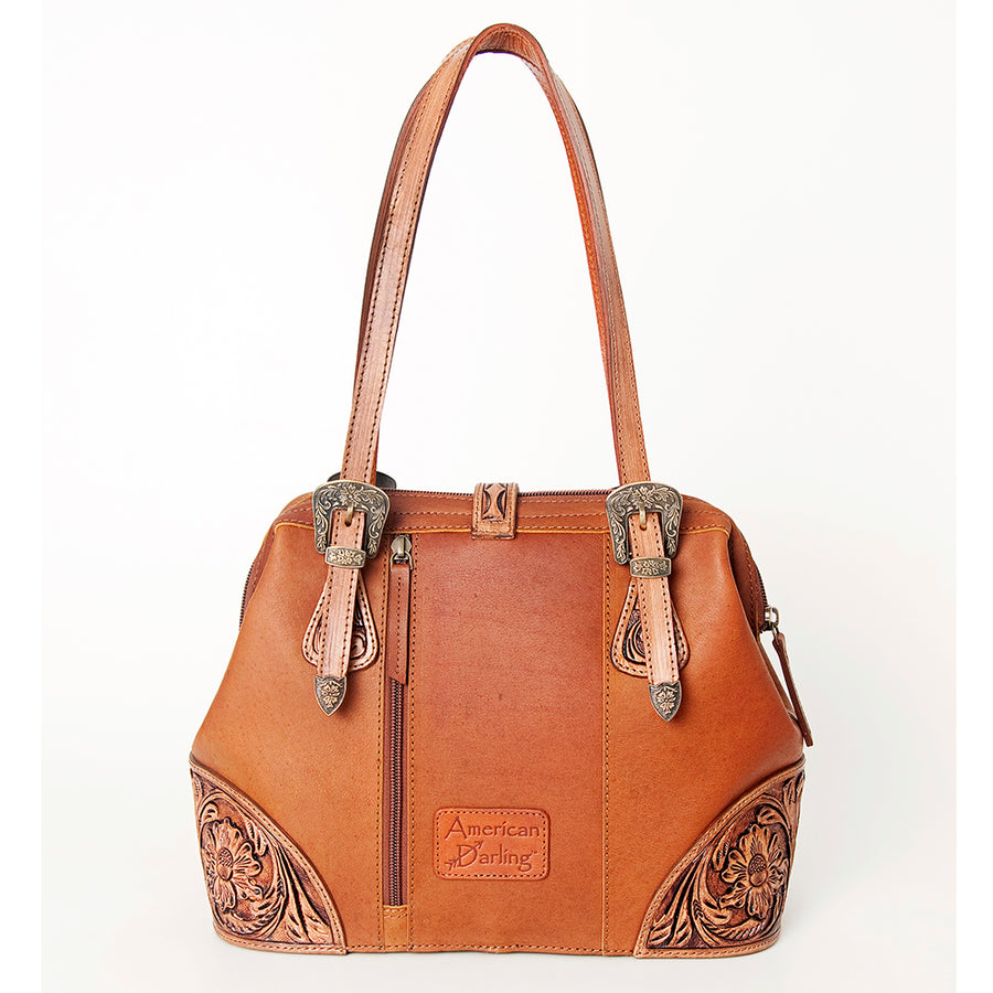 American Darling Tote Bag, Hand-Tooled Floral Western Leather Purse, Hair-On Cowhide Pattern, 10in (H) X 15in (W) X 5.5in (D)