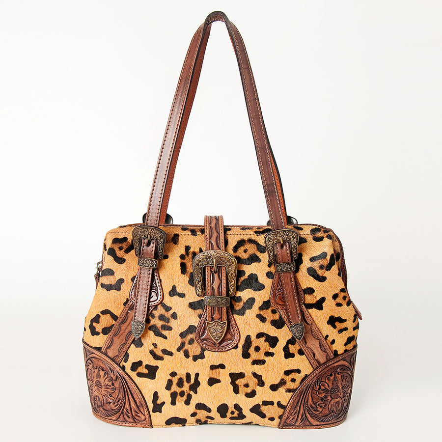 American Darling Tote Bag, Hand-Tooled Floral Western Leather Purse, Hair-On Cowhide Pattern, 10in (H) X 15in (W) X 5.5in (D)